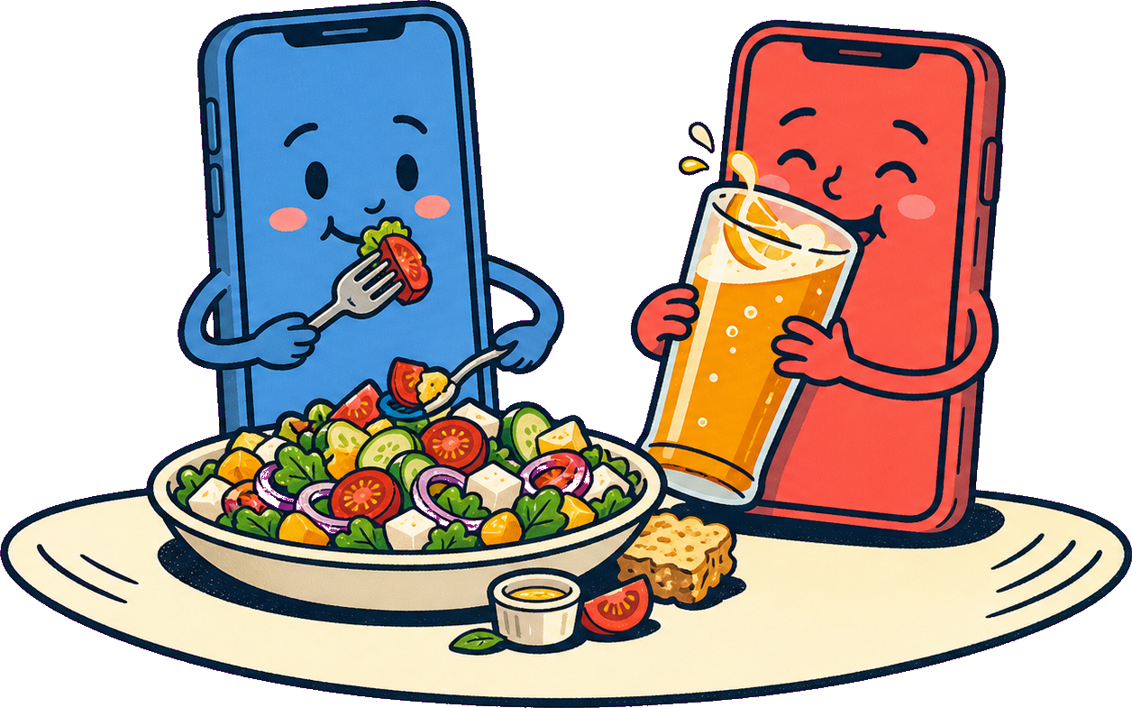 Two playful phones sharing a salad and a drink